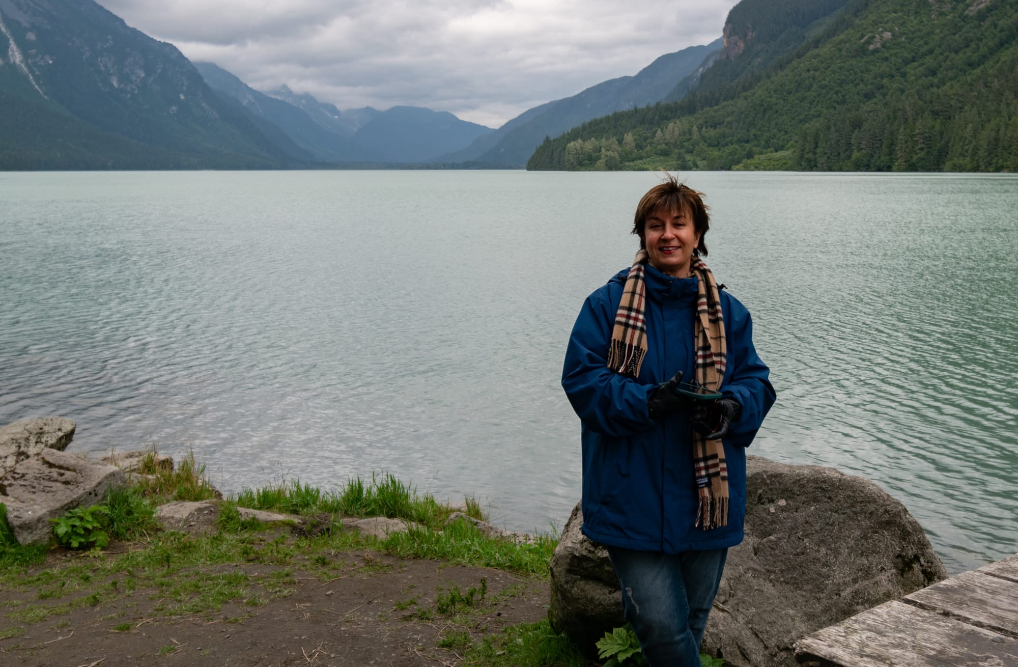 Photo of Galina next to Chilkoot Lake.