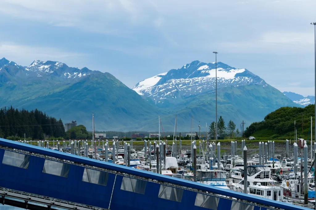 Photo of Valdez Harbor with mountains in the background